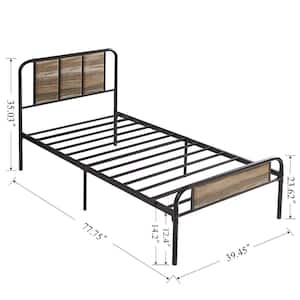 Industrial Bed Frame, Gray Metal Frame Twin Platform Bed with Wooden Headboard, No Box Spring Needed, 39.45 in. W