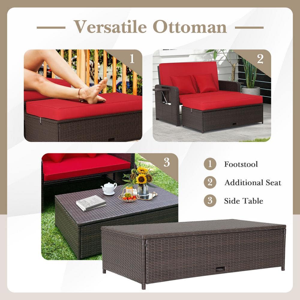 Red Adjustable Rattan Loveseat with Multifunctional Ottoman