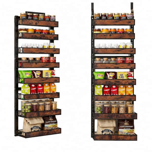 8-Shelf Black-Wood Adjustable Pantry Organizer Hanging Shelf with Wood Basket and Carbon Steel Frame