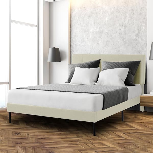 JEAREY Alex Beige Twin Upholstered Platform Bed Frame with Headboard