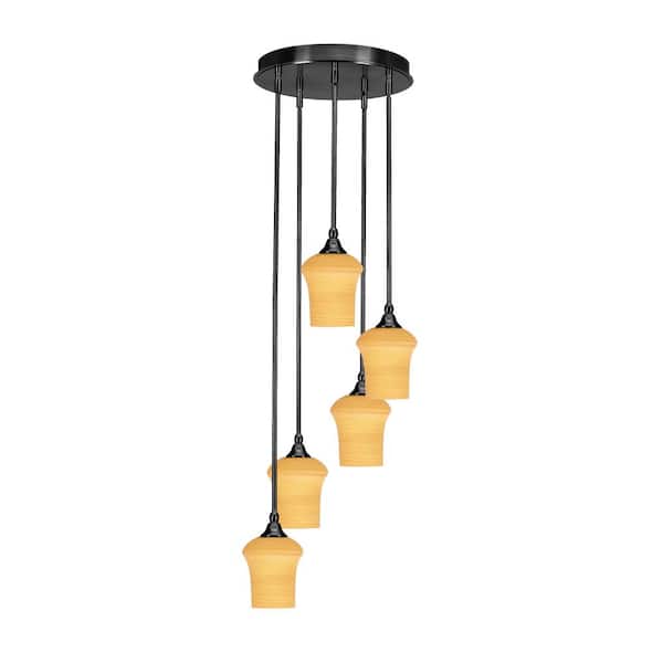 Unbranded Villa 5 Light Matte Black Pendant, Cluster Pendant Light with 5.5 in. Cayenne Linen Glass Shades, No Bulbs Included