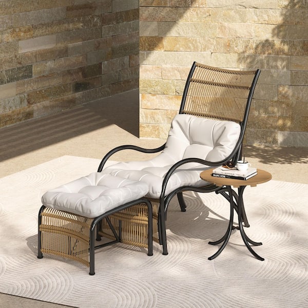 Unbranded 3-Piece Wicker Outdoor Patio Conversation Set with Lounge Chair Balcony Chairs Table Ottoman with Beige Cushions Natural