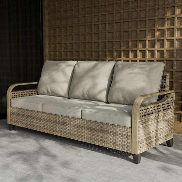 3 Seat Wicker Outdoor Patio Sofa Couch with Gray Cushions