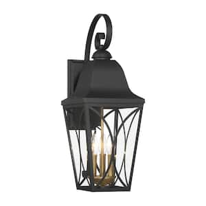 Cardigan 24.75 in. Sand Black and Olden Brass Outdoor Hardwired Lantern Wall Sconce with Glass Shades, No Bulbs Included