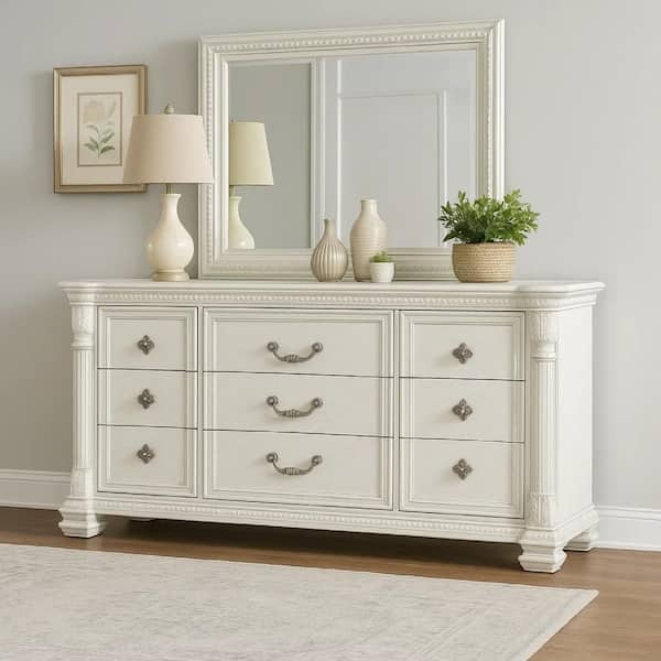 Naddy White and Silver 9 Drawer 68 in. Dresser without Mirror
