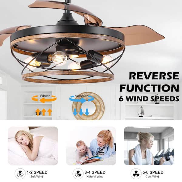 Glend 42 in. Indoor Standard Black Downrod Industrial Ceiling Fan with Lights, 6-Speed Reversible Ceiling Fan w/Remote