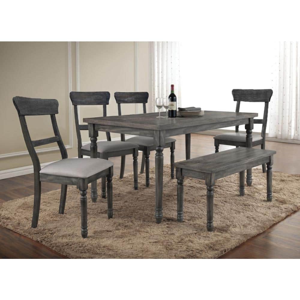 Demi Weathered Gray Wood 6-Piece Dining Set with Linen Upholstered Seats