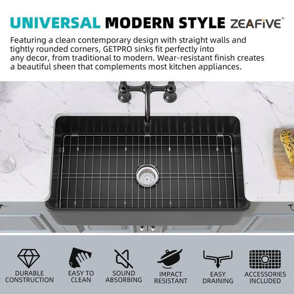 Unbranded - Ber 30 in. Apron Front Single Bowl Fireclay Farmhouse Kitchen Sink Black with Bottom Grid and Strainer