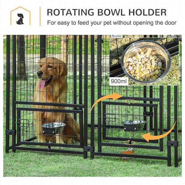 Outdoor Dog Kennel For Large Dogs - 4x4x5 FT Heavy Duty Playpen With Roof Cover, Rotating Bowls, Secure Lock