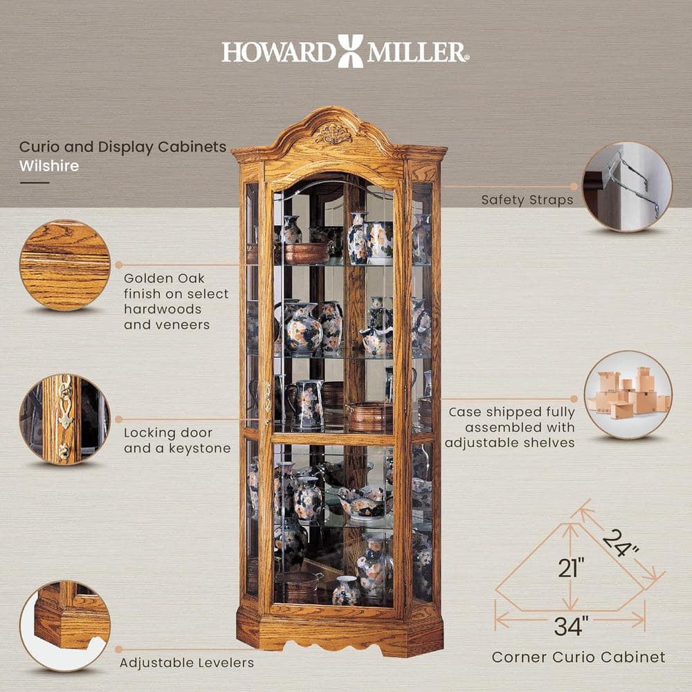 Golden Oak Lighted Corner Curio Cabinet with Glass Shelves
