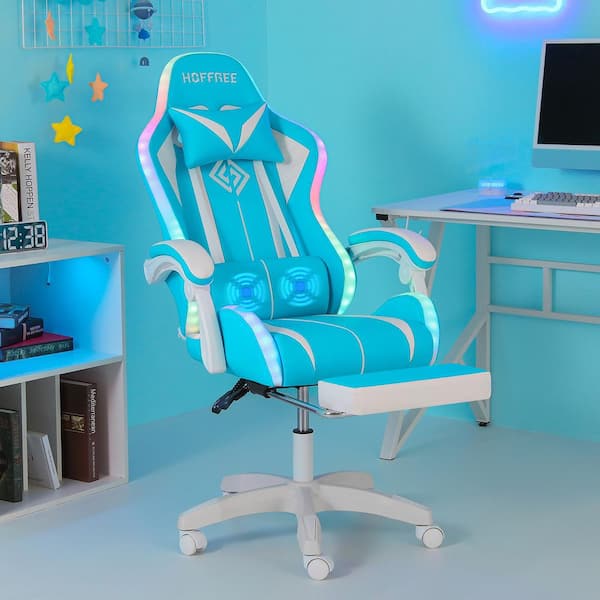 Hoffree Faux Leather Massage Reclining Ergonomic Gaming Chair in Blue/White with LED Lights Adjustable Arms