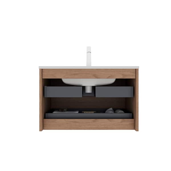 PARASOLAR 30 in. Floating Walnut Bath Vanity with White Ceramic Top and White Ceramic Basin, Sink Hole Cover and Drain