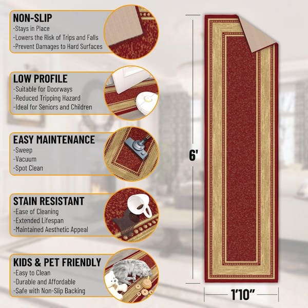 House Collection Non-Slip Rubberback Border Design 2 x 6 Indoor Runner Rug, 1 ft. 10 in. x 6 ft., Red/Beige