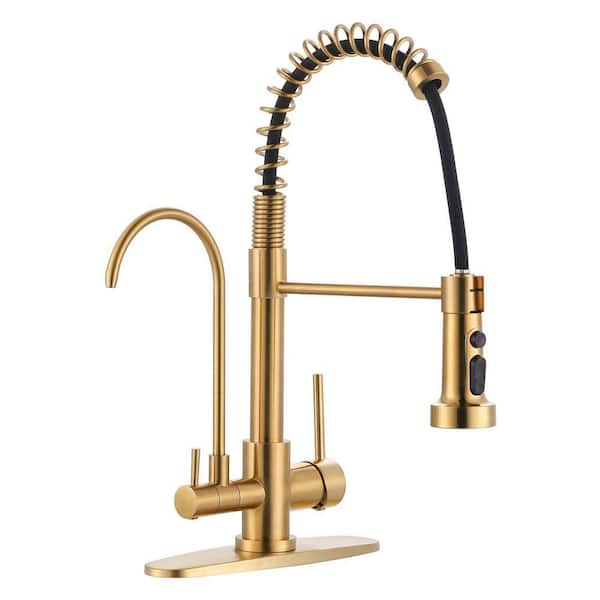 17.5 in. Double Handle 360° Pull Down Sprayer Kitchen Faucet with Drinking Water Filler and 3-Mode Spout in Brushed Gold