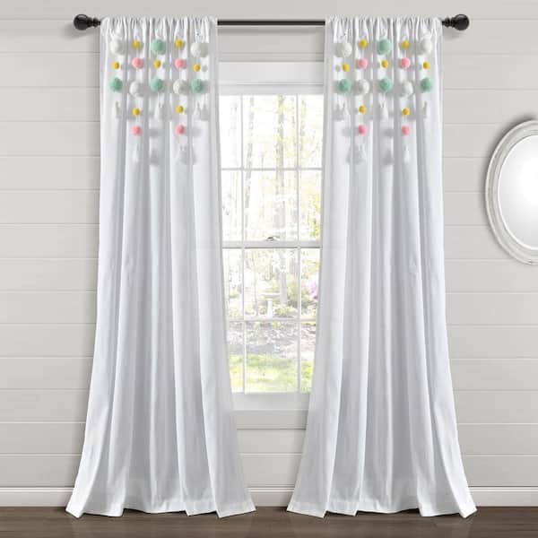 HOMEBOUTIQUE Boho Pom Pom Tassel Linen Window Curtain Panel Aqua/Pink Single 52X84