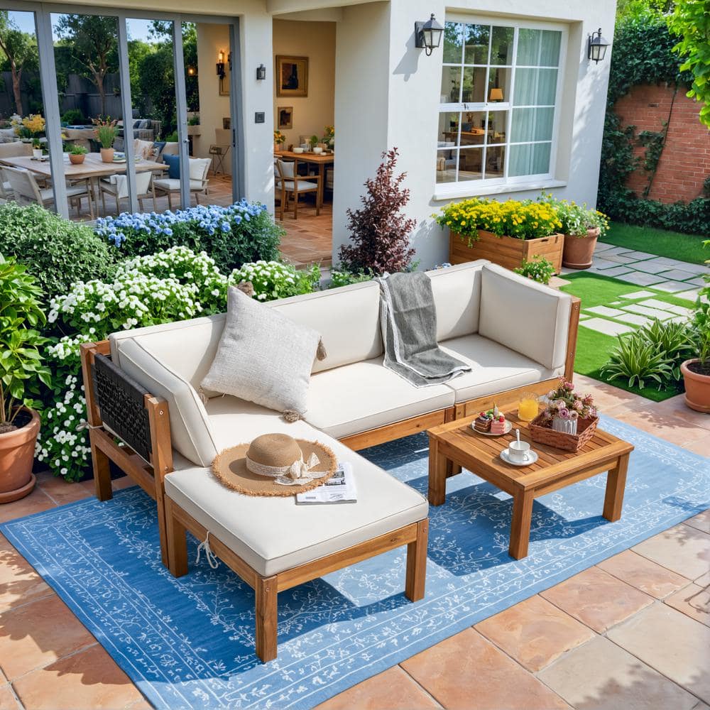 Tozey Hawaii Vibe 5-Piece Acacia Wood Patio Conversation Set Rope Woven Outdoor Sectional Sofa with Table and Cream Cushions V-LCWF2C1ATO-W - The Home Depot