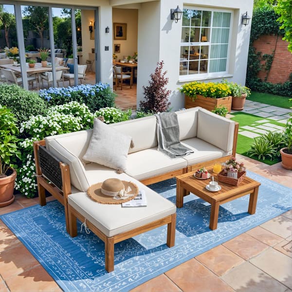 Tozey Hawaii Vibe 5-Piece Acacia Wood Patio Conversation Set Rope Woven Outdoor Sectional Sofa with Table and Cream Cushions