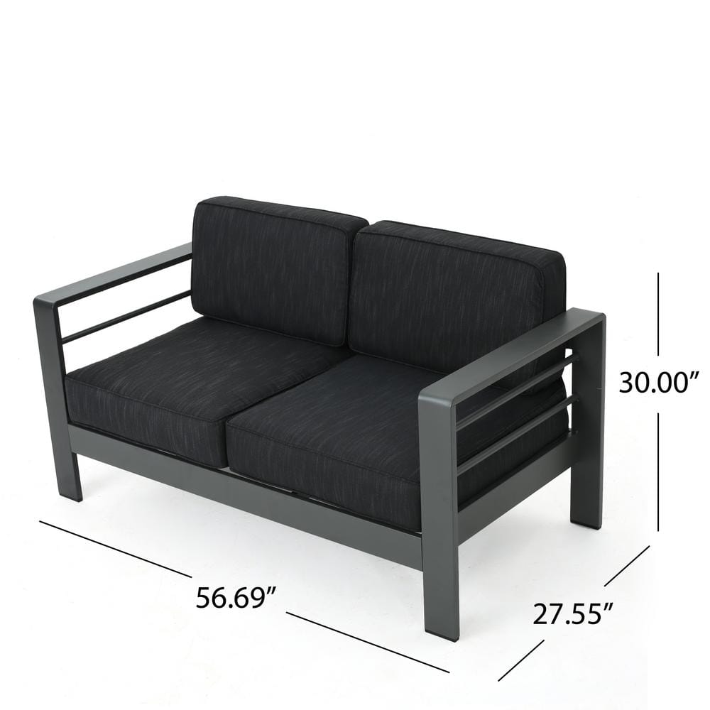 Gray Aluminum 5-Piece Outdoor Firepit Sofa Set with Dark Grey Cushions