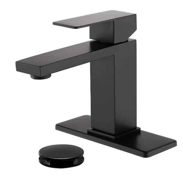 Single Handle Single Hole Bathroom Faucet with Deckplate and Drain Kit Stainless Steel Vanity Sink Taps in Matte Black