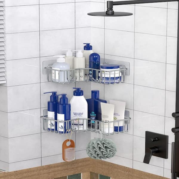 Dracelo 2-Pack Silver Adhesive Stainless Steel Corner Shower Caddy Storage Shelf with 4 Hooks