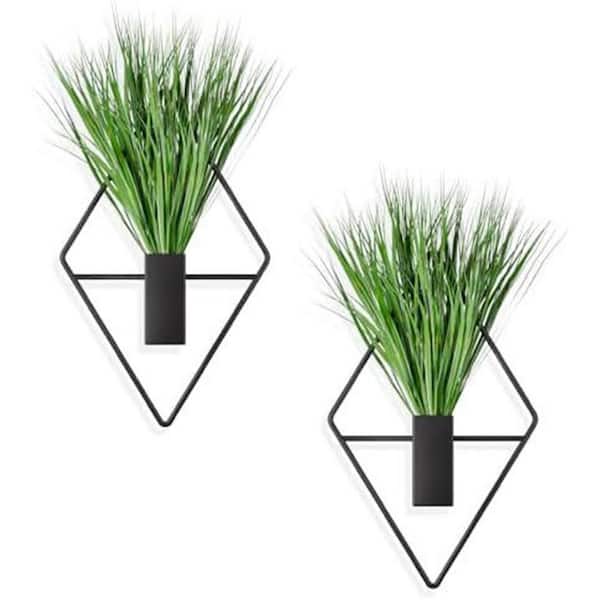 10 x 5 in. Black Metal Hanging Wall Planters with Artificial Plants, 2-Pack Modern Geometric Decor