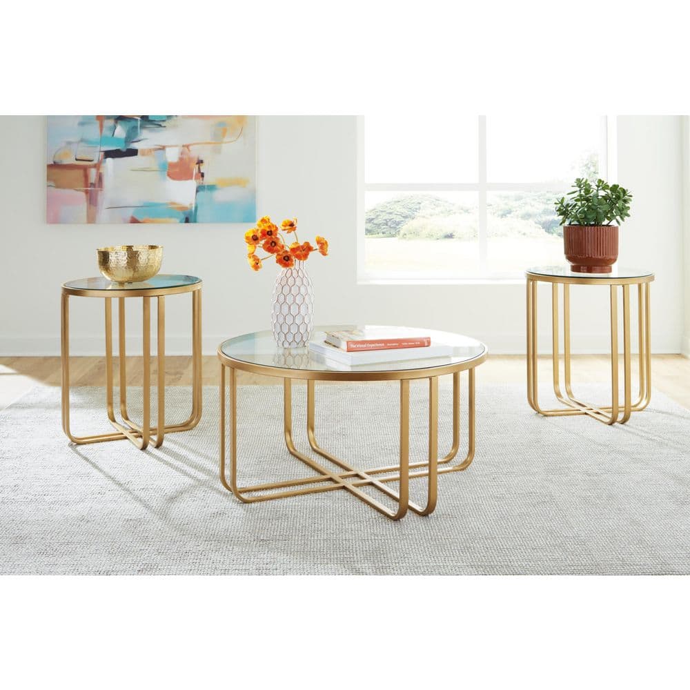 Gold and Glass Round Modern Coffee Table Set