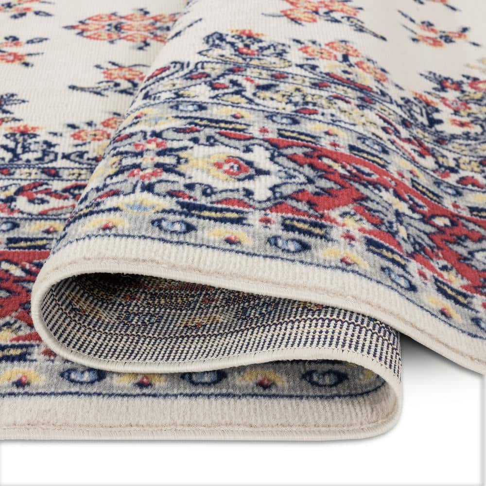 Ivory and Red Synthetic Traditional Medallion Area Rug