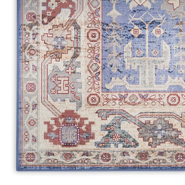5 ft. x 7 ft. Beige Blue and Red Oriental Distressed Non Skid Area Rug