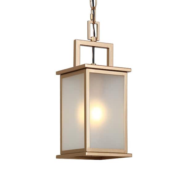 Uolfin 14 in. 1-Light Gold Dimmable Rectangle Outdoor Porch Pendant Light Hanging Entry Lantern with Frosted Glass Shade