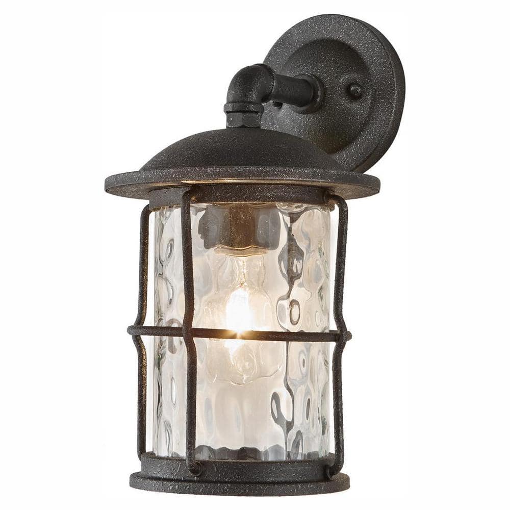 Home Decorators Collection Hargreaves 13.5 in. 1-Light Gilded Iron Rustic Farmhouse Hardwired Outdoor Wall Light Lantern Sconce with Seeded Glass