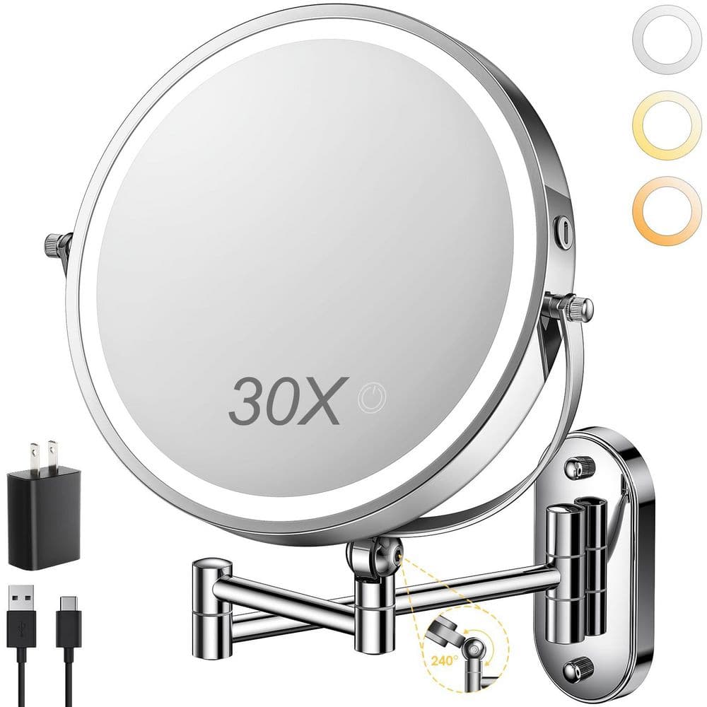 9 in. W x 9 in. H Round Wall Mounted Double Sided 1X30X Magnifying Bathroom Makeup Mirror in Chrome with 3 Color Lights price history on PriceWatchPro