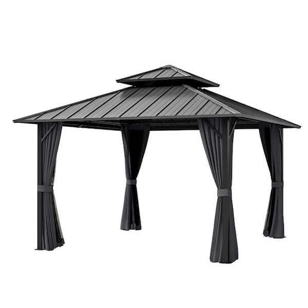 12 ft. x 12 ft. Gray Double Roof Hardtop Patio Gazebo with Netting and Gray Curtains