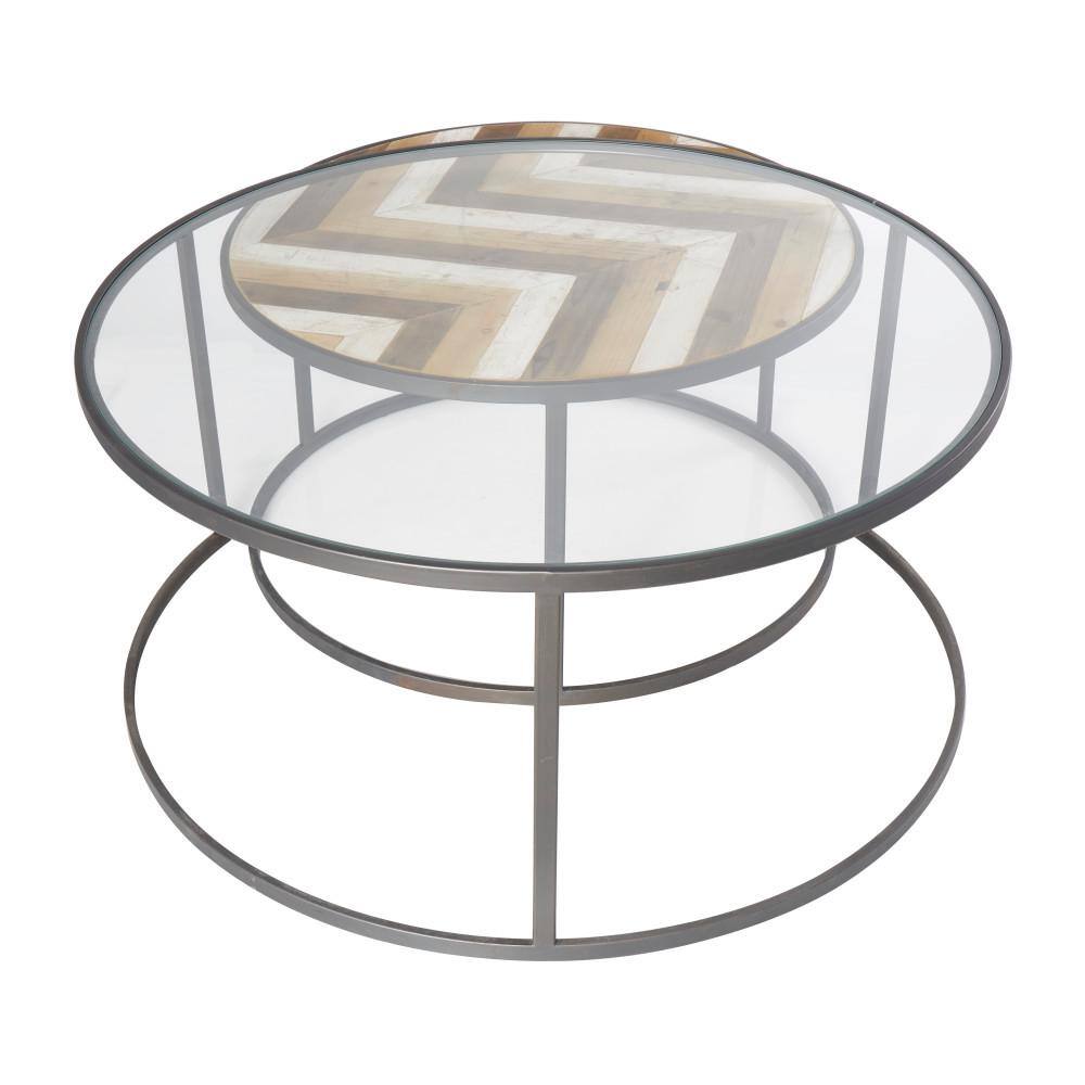 Gray and Brown Round Wood and Glass Nesting Coffee Tables