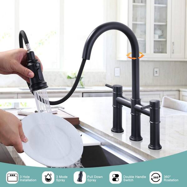 WOWOW Double Handle Bridge Kitchen Faucet in Black 2314700B - The