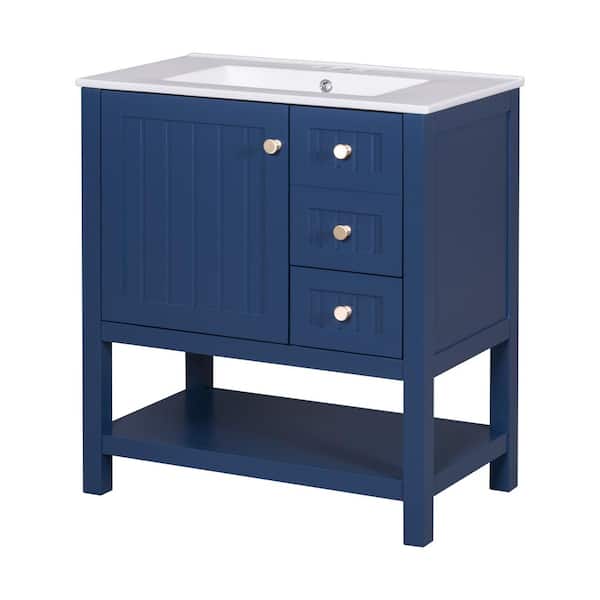 Virubi 30 in. W x 18.3 in. D x 33.59 in. H Single Sink Bath Vanity in Blue with White Ceramic Top, 2-Drawers, Open Shelf