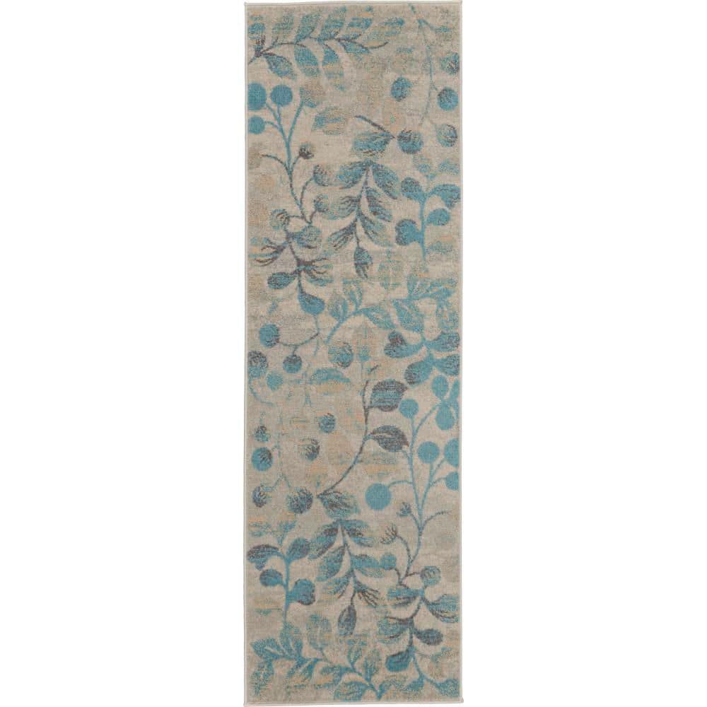Elysian Ivory & Turquoise Floral Synthetic Runner Rug - 2'3" x 7'3"
