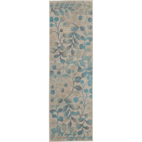 Nourison Tranquil Ivory/Turquoise 2 ft. x 7 ft. Floral Modern Kitchen Runner Area Rug