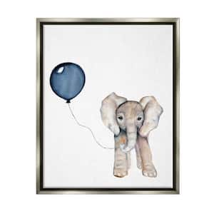 Baby Elephant with Blue Balloon by Susan Knovich Floater Frame Animal Wall Art Print 31 in. x 25 in.