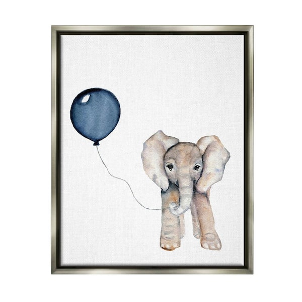 The Stupell Home Decor Collection Baby Elephant with Blue Balloon by Susan Knovich Floater Frame Animal Wall Art Print 31 in. x 25 in.