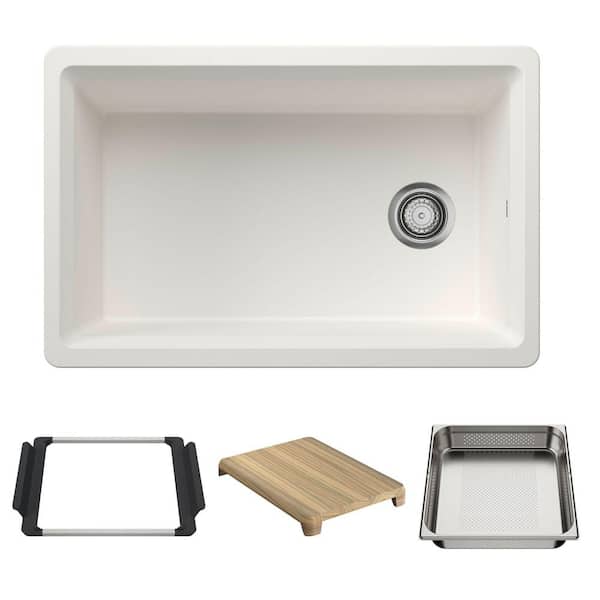 Inteos 30 in. Undermount Single Bowl White Granite Composite Kitchen Sink With Colander and Cutting Board