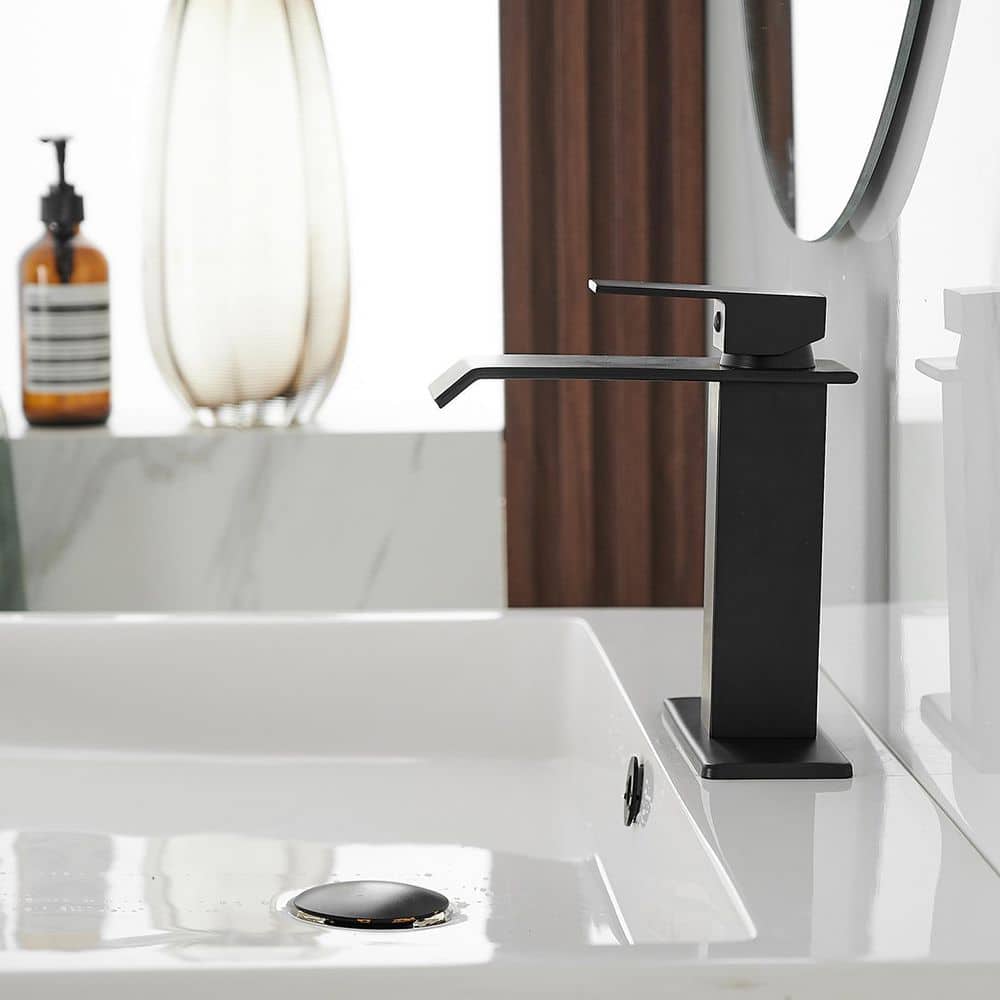 Matte Black Single-Handle Waterfall Bathroom Faucet with Supply Line