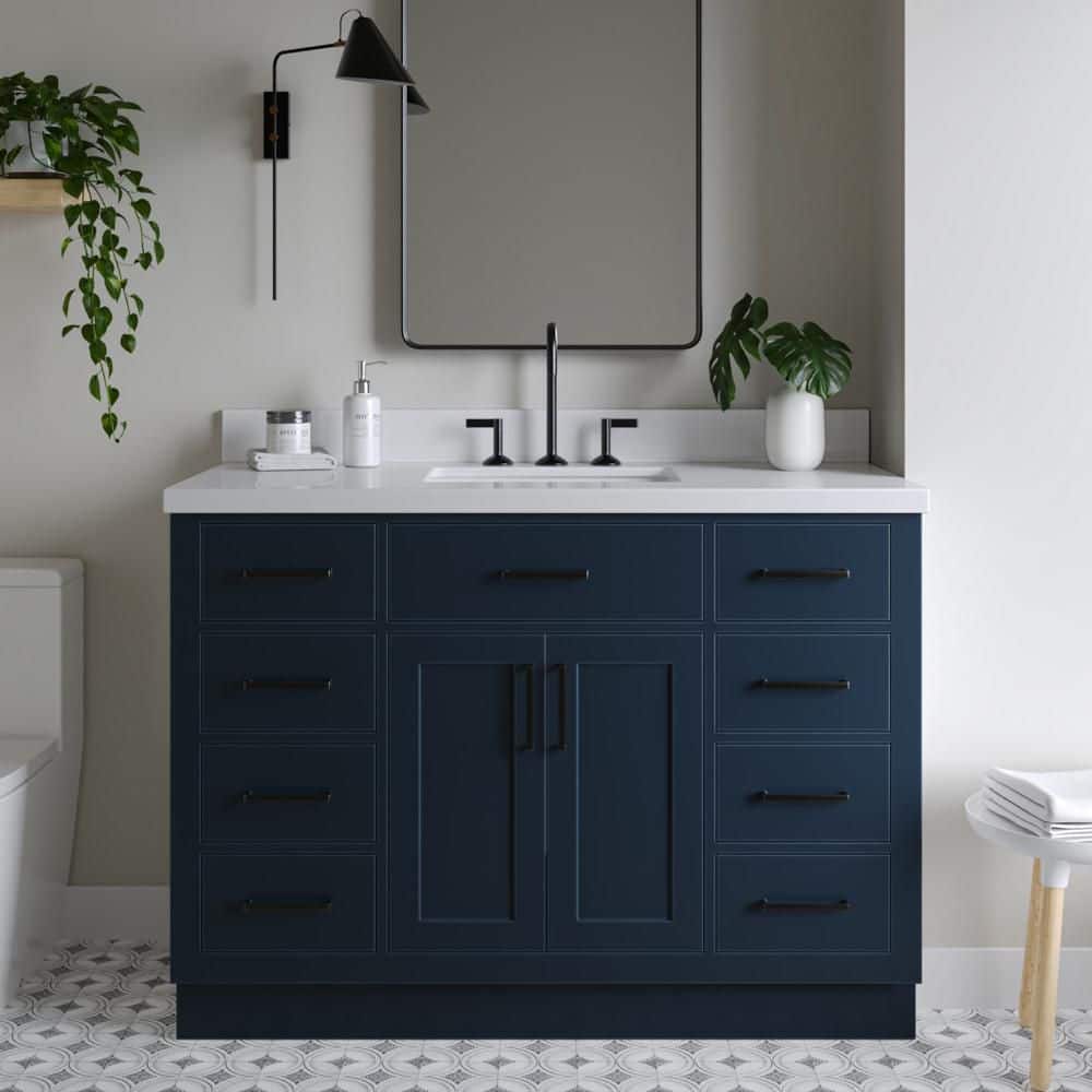 Hepburn 48 in. Single Sink Freestanding Bath Vanity in Midnight Blue with Pure White Quartz Top & Sidesplash price history on PriceWatchPro