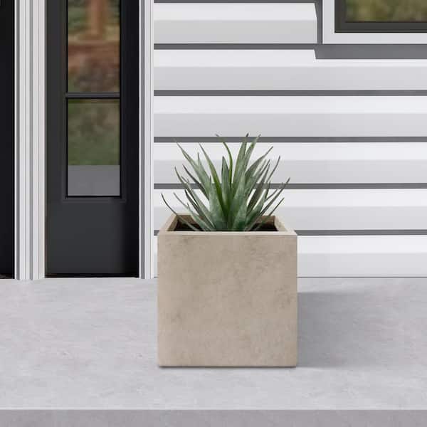 12" Square Weathered Concrete Planter with Drainage Plug for Outdoor Indoor Garden