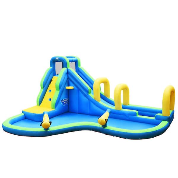 Jumping Bouncer with Water Slide GYMAX Inflatable House Bouncer Easy Installation Heavy Duty Water Slide with Carry Bag Climbing Wall+Slide Gift for Kids Climbing Wall & Splash Pool 