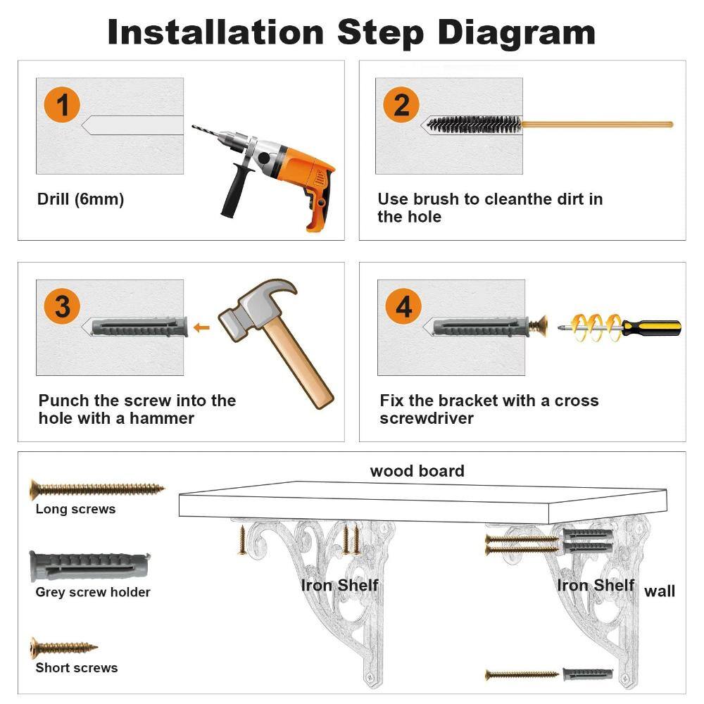 Installation steps diagram for heavy duty shelf brackets.