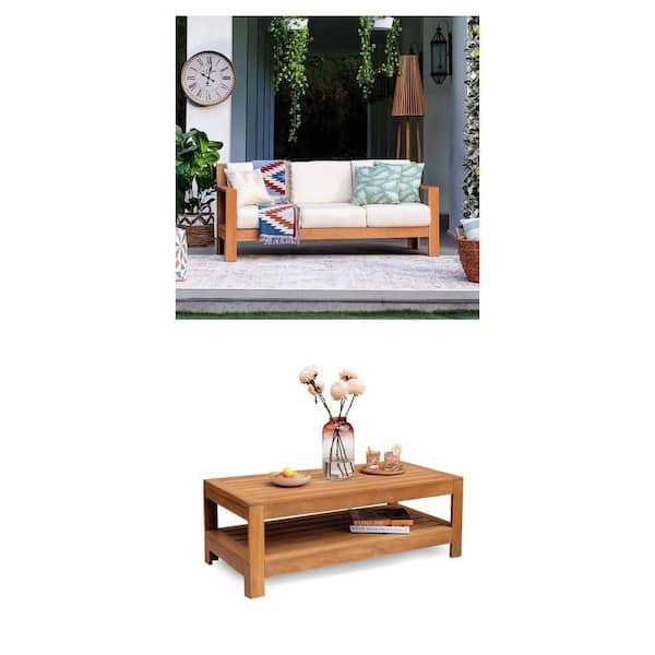 Largo Teak Outdoor Couch with Sunbrella Cushion and Wood Coffee Table Combo