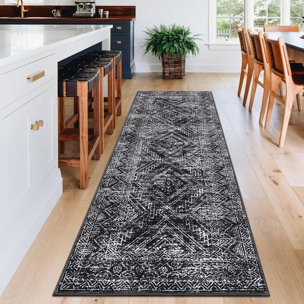 Black 2 ft. x 8 ft. Washable Vintage Distressed Bohemian Style Polyester Area Rug