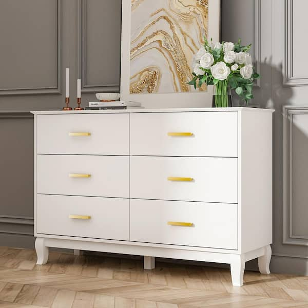 FUFU&GAGA 6-Drawers White Wood Chest of Drawer Dresser Cabinet Organizer 59 in. W x 15.7 in. D x 32.3 in. H