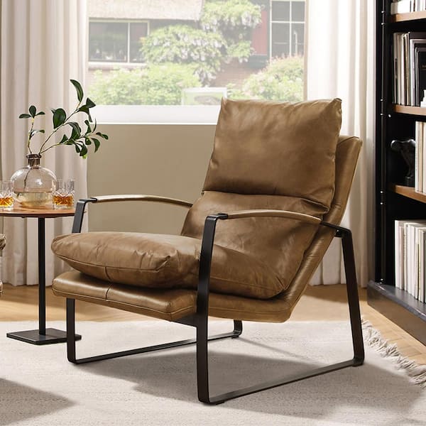 Art Leon Peculiar Design Black Genuine Leather Lounge Accent Chair with Metal Legs