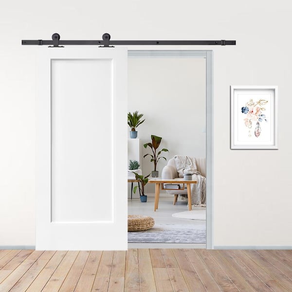 30 in. x 80 in. White Primed Composite MDF 1 Panel Interior Sliding Barn Door with Hardware Kit